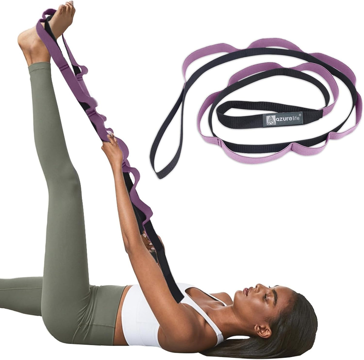 A AZURELIFE Half-Elastic Stretch Straps with 11 Loops, Stretching Strap for Physical Therapy, Multi-Loop Yoga Strap Fitness Exercise Strap for Yoga, Pilates, Dance, Flexibility&Exercise
