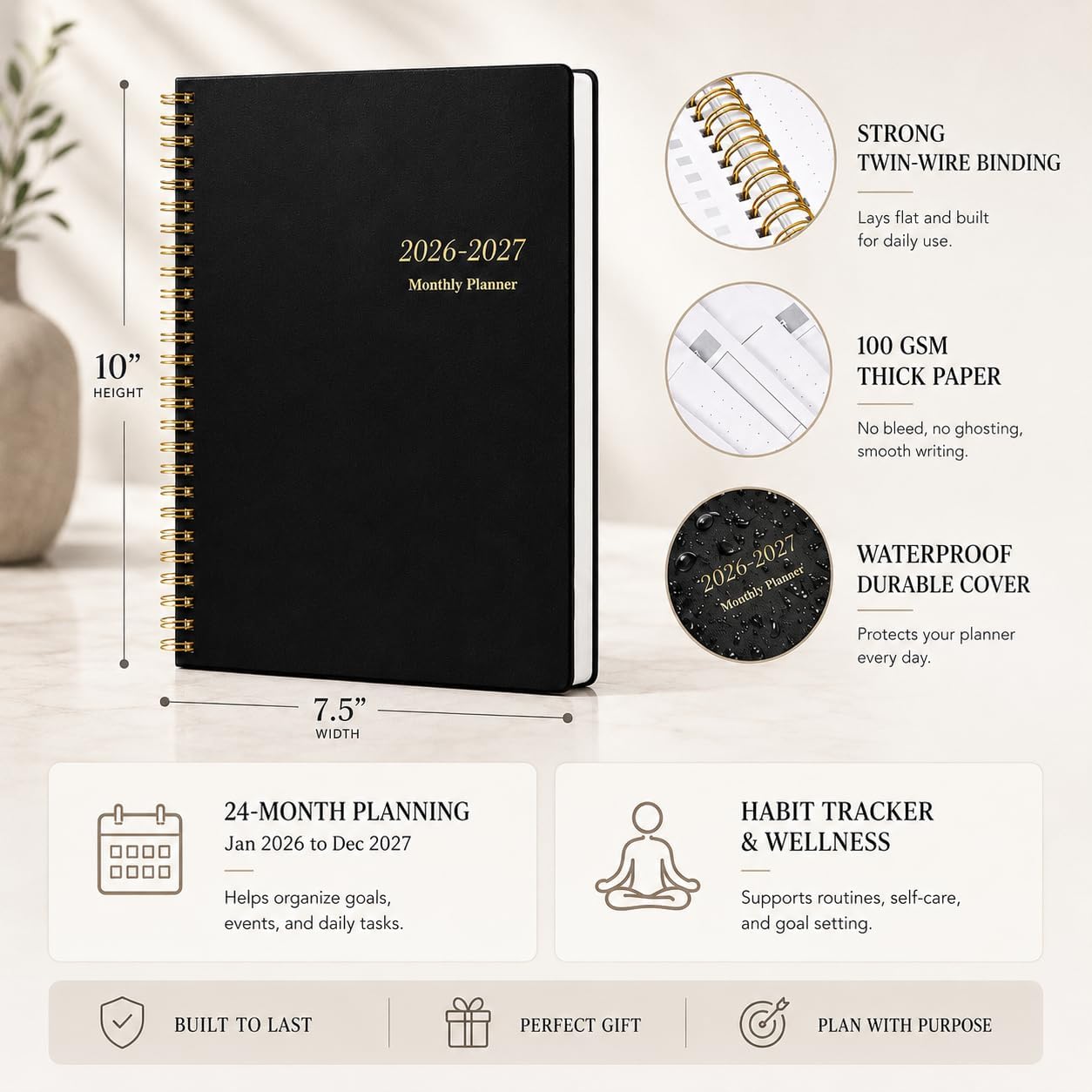 KMQOY Monthly Planner 2026-2027, 2026 Calendar 24 Months Planner, Jan 2026 - Dec 2027, 7.5"x10", Personal Calendar with Monthly Goals, To-Do List, Habit Tracker, 2 years for School Office Home Planning(Black)