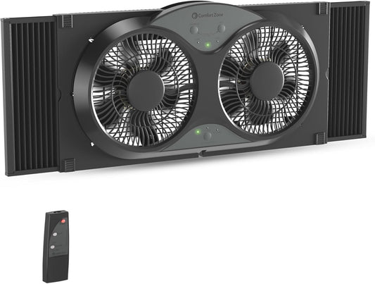 Comfort Zone Twin Window Fan with Reversible Airflow Control, 9 inch, Auto-Locking Expanders, 2 Speed Fan, Dual Fan, Exhaust, Airflow 9.84 ft/sec, Ideal for Home, Kitchen, Bedroom & Office, CZ319WT