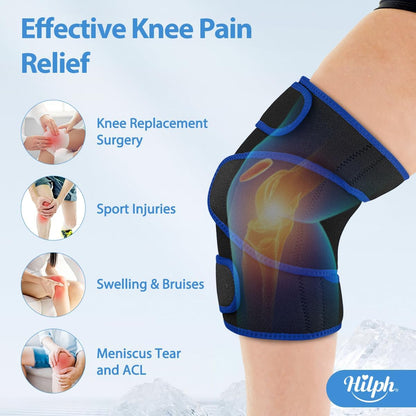Hilph Large Hot & Cold Therapy Knee Ice Wrap with Dual Gel Packs & Adjustable Brace for Full Knee Coverage, Pain Relief for Replacement Surgery, Arthritis, ACL, Meniscus Tear, Women, Men Black