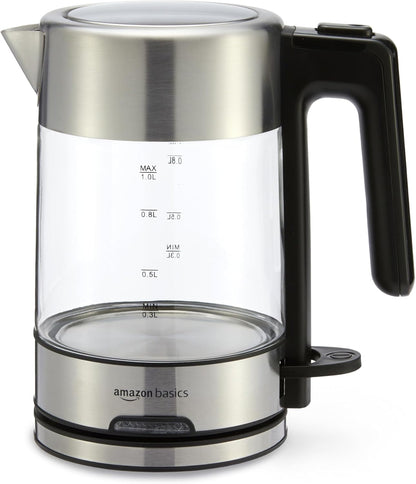 Amazon Basics Electric Kettle with Glass Carafe for Tea and Coffee, BPA-Free, Fast Boiling, Auto Shut-Off, Boil-Dry Protection, Water Level Indicator, 1.7 Liter, 1500W, Black and Silver