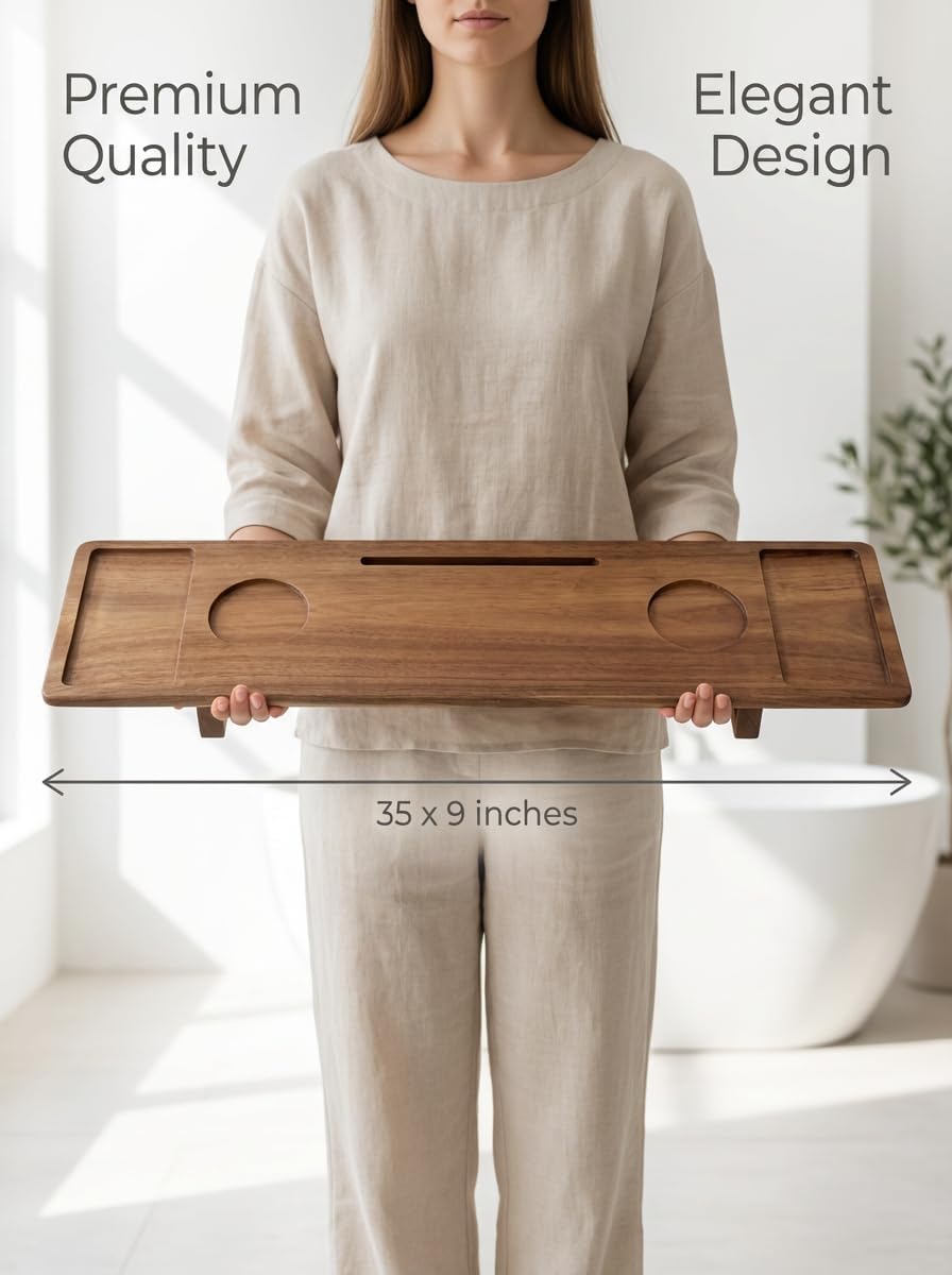 Luxury Wooden Bathub Caddy Tray - Premium Natural Acacia Bath Organizer with Wine Glass Holder, Tablet Slot and Phone Mount - Expandable Spa Board to Fit Most Tubs