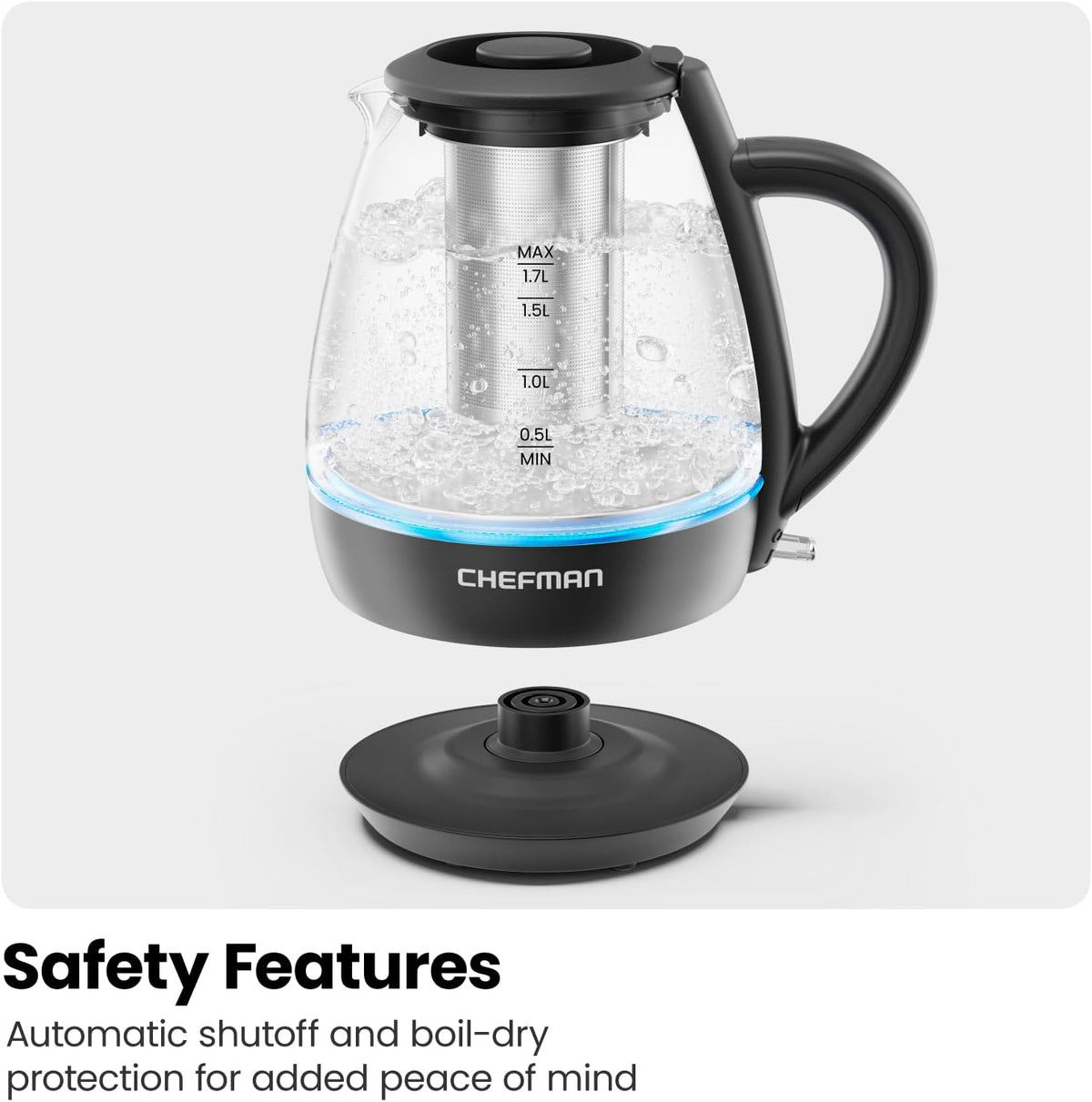 Chefman Electric Kettle with Tea Infuser, Compact 1L (4 Cups), 1500W, Removable Lid for Easy Cleaning, Boil-Dry Protection, Stainless Steel Filter, BPA Free, Auto Shut Off, Small Electric Tea Kettle