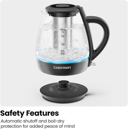 Chefman Electric Kettle with Tea Infuser, Compact 1L (4 Cups), 1500W, Removable Lid for Easy Cleaning, Boil-Dry Protection, Stainless Steel Filter, BPA Free, Auto Shut Off, Small Electric Tea Kettle