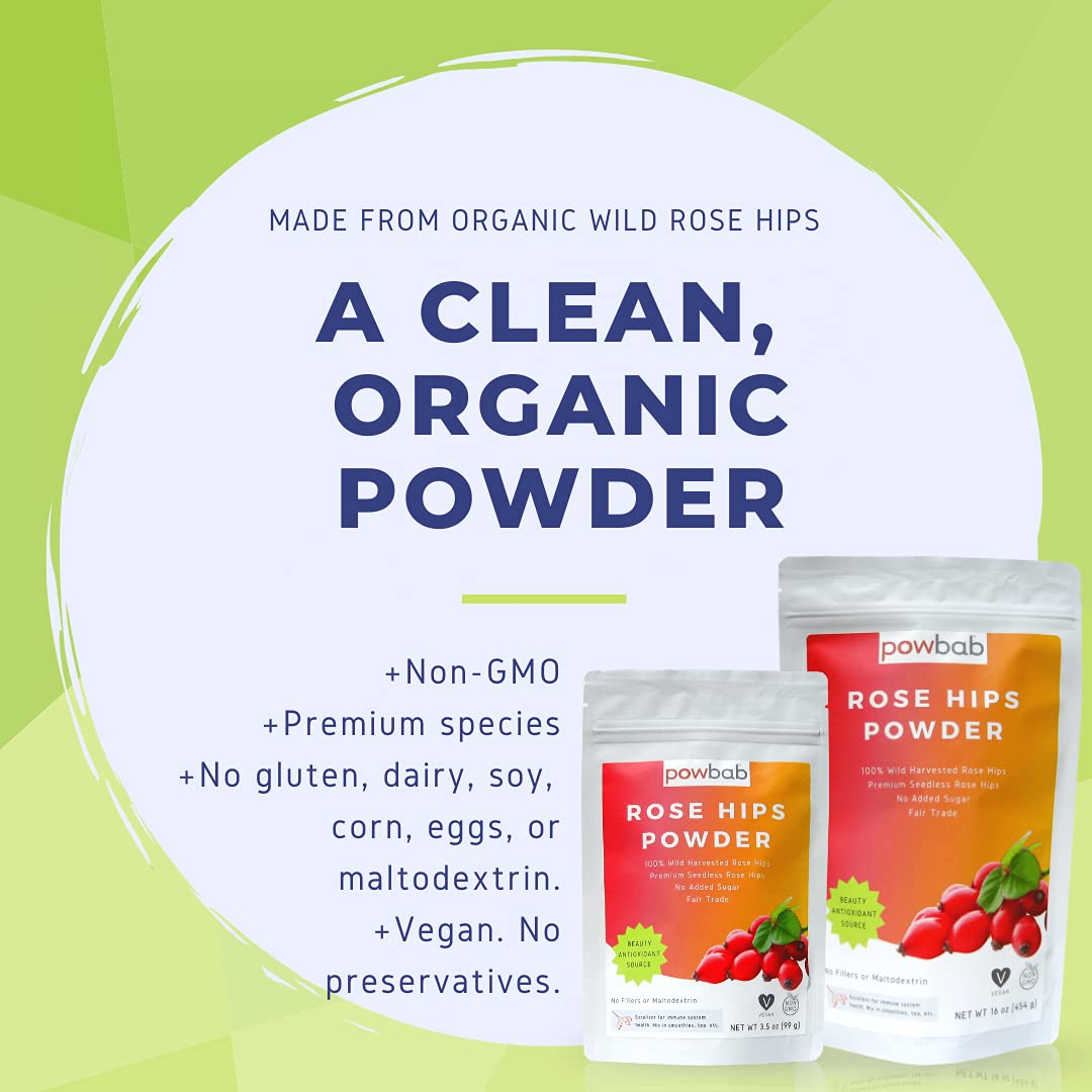 powbab Rose Hips Powder from 100% Wild Organic Rosehip. Premium Rosa Rubiginosa. Seedless Ground Rosehips from Whole Dried Rose Hips. No Added Sugar. Fair Trade (3.5 oz)