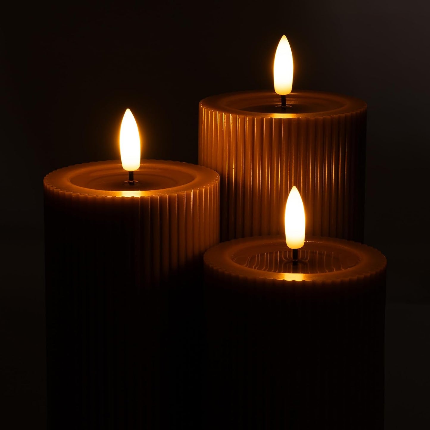 Ribbed Fluted Real Wax Flameless LED Pillar Candles, Loden Sage Olive Green, Melted-Wax Top Look, Flickering Flame, Battery Operated, Remote & Timer, Shelf & Wedding Decor (Set of 3)
