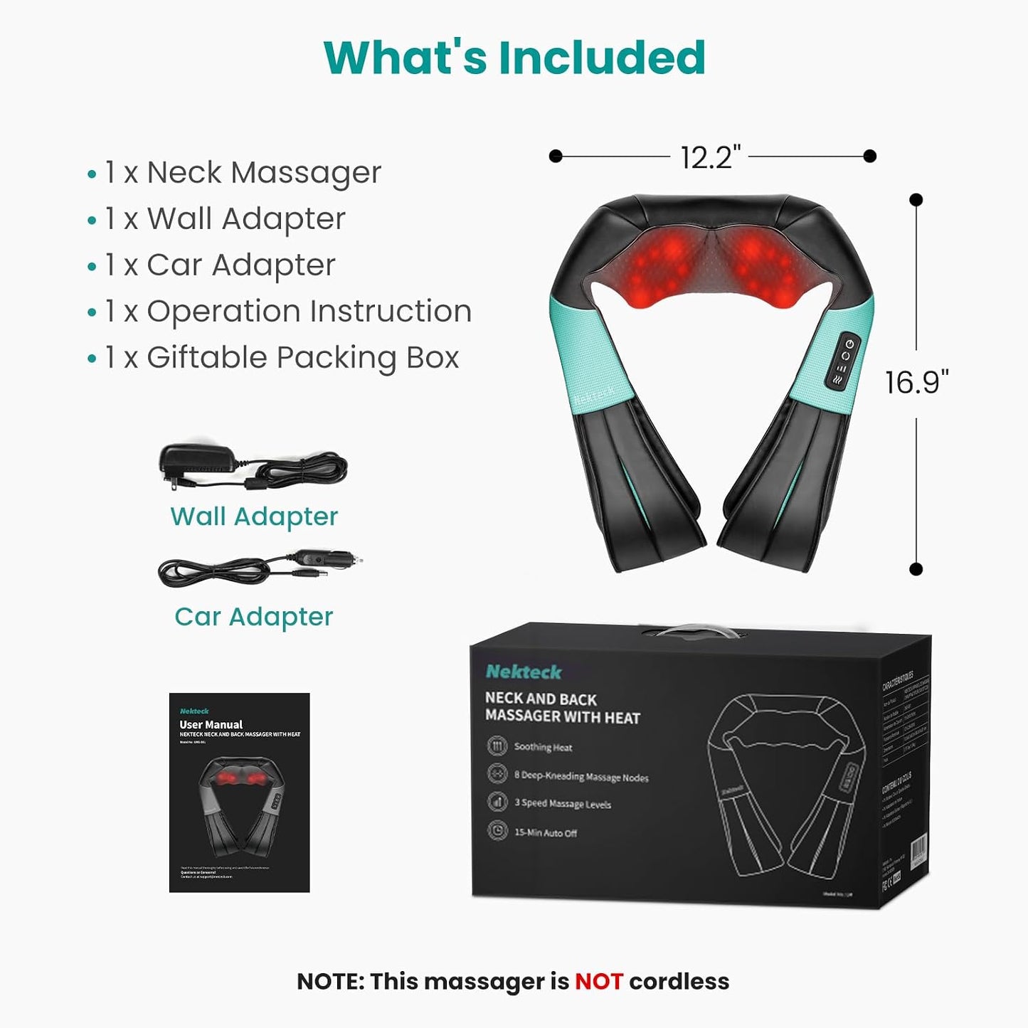 Nekteck Shiatsu Neck Massager with Heat for Pain Relief Deep Tissue, 2026 Upgraded 3D Back Shoulder Kneading Massage Pillow, Body Muscle Relaxation Tools Gifts for Him Her, Blue (NOT Cordless)