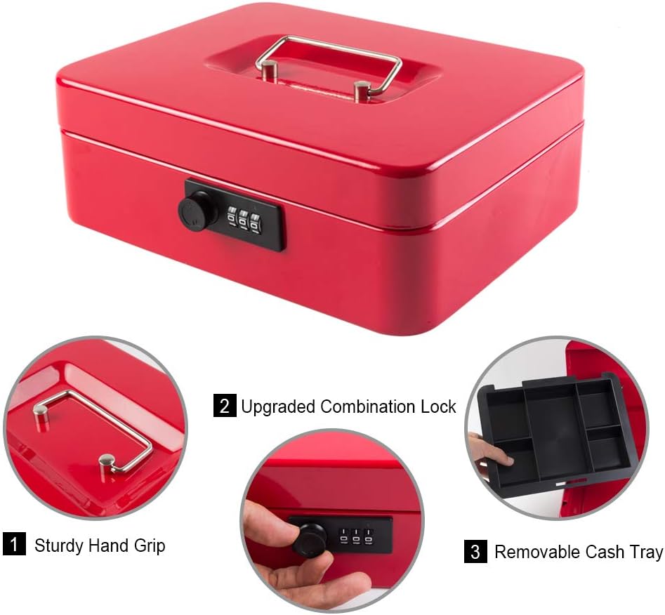 KYODOLED Small Cash Box with Combination Lock & Removable Money Tray, Black