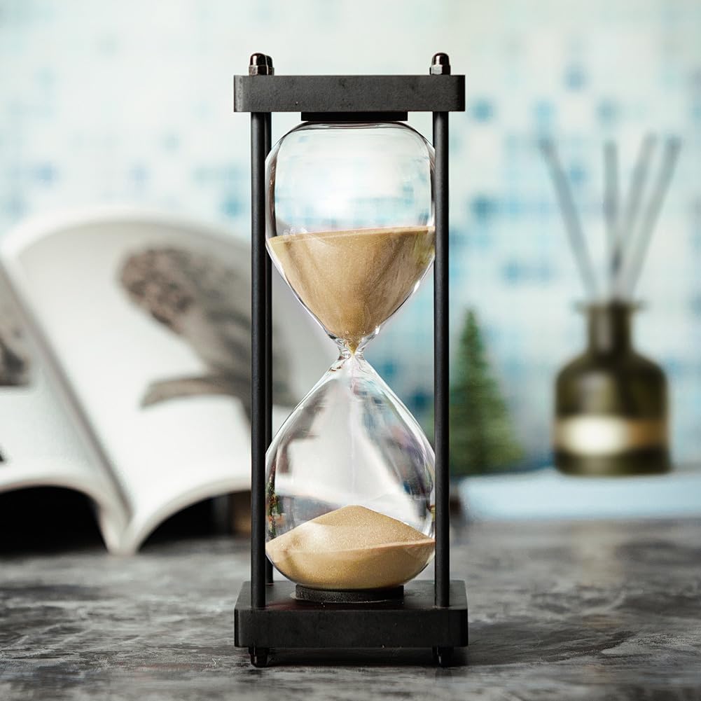 Hourglass Timer 60 Minute, Black Wooden Frame Decorative Sand Timer (Black Sand, Large Size)