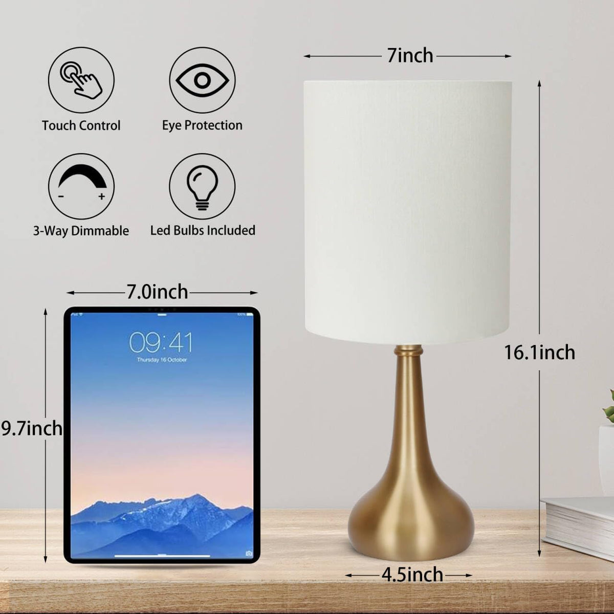 Touch Control Table Lamp, 3 Way Dimmable Simple Night Light Lamp with White Lampshade Silver Metal Base, Small Bedside Table Lamp for Bedroom, Office, Dorm, A19 9W 3000K Bulb Included