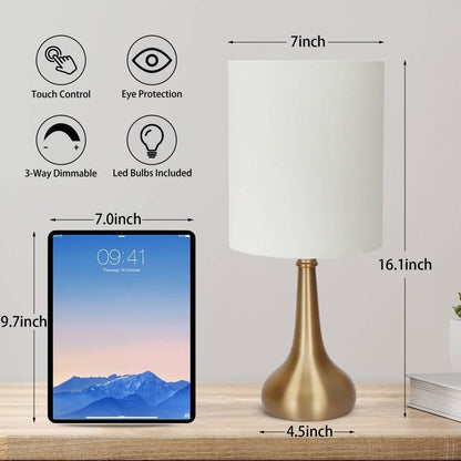 Touch Control Table Lamp, 3 Way Dimmable Simple Night Light Lamp with White Lampshade Silver Metal Base, Small Bedside Table Lamp for Bedroom, Office, Dorm, A19 9W 3000K Bulb Included
