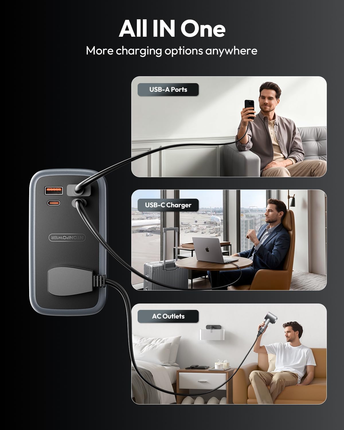 NTONPOWER GAN Ultra 65W USB Charging Station, 7 in 1 Travel Power Strip with 3 Outlets 4 USB (2 USB C), Extension Cord 4ft, Travel Essentials, Cruise Power Strip Compatible with MacBook, iPhone, White