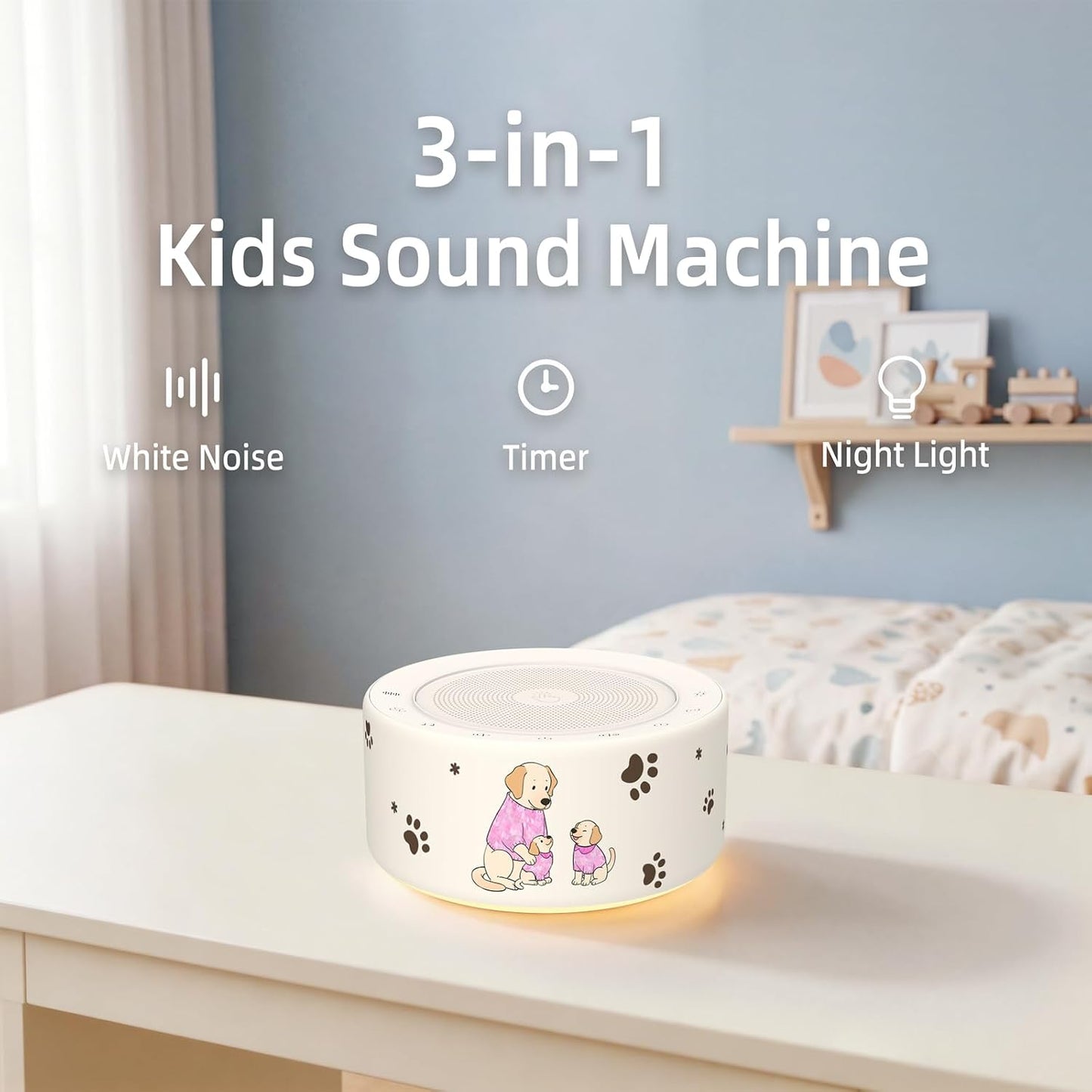 Kipcush White Noise Machine for Baby & Adults, 30 Soothing Sounds, Soft Non-Glare Nursery Lamp, 8 Color Night Lights, Memory Function (Angel V1 White, Standard)