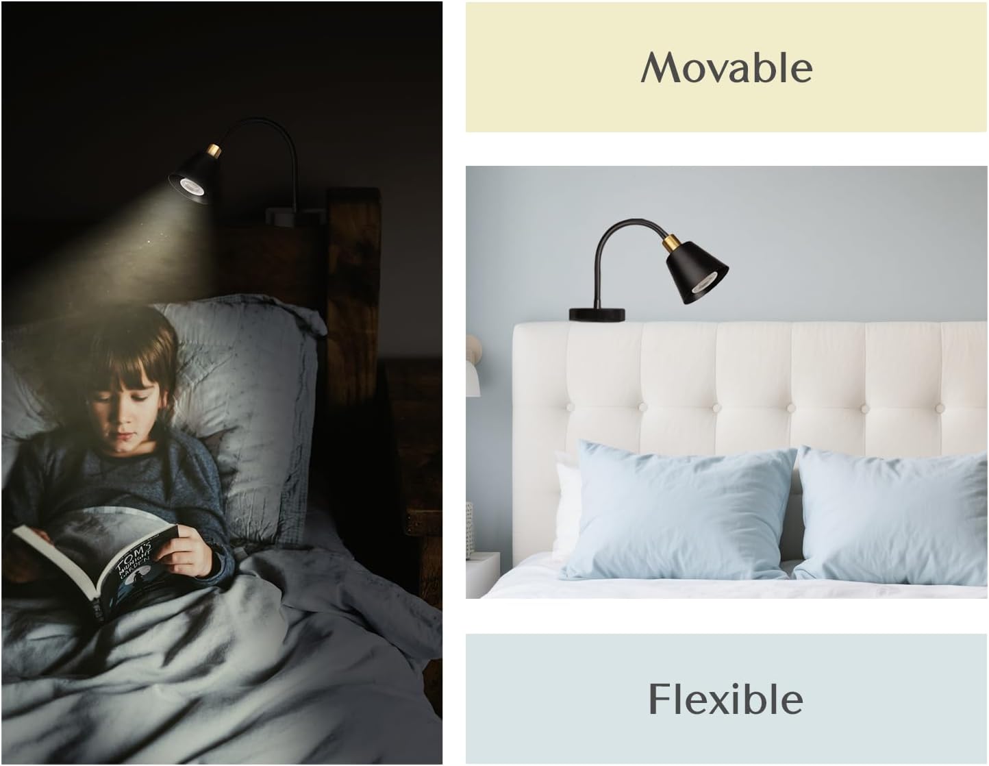 Solfres Patented Innovative Design Headboard Reading Light. No Drilling Golden Book Light for Bedtime Reading. Dimmable LED Book Reading Lamp with Bulb. Movable & Flexible, Black