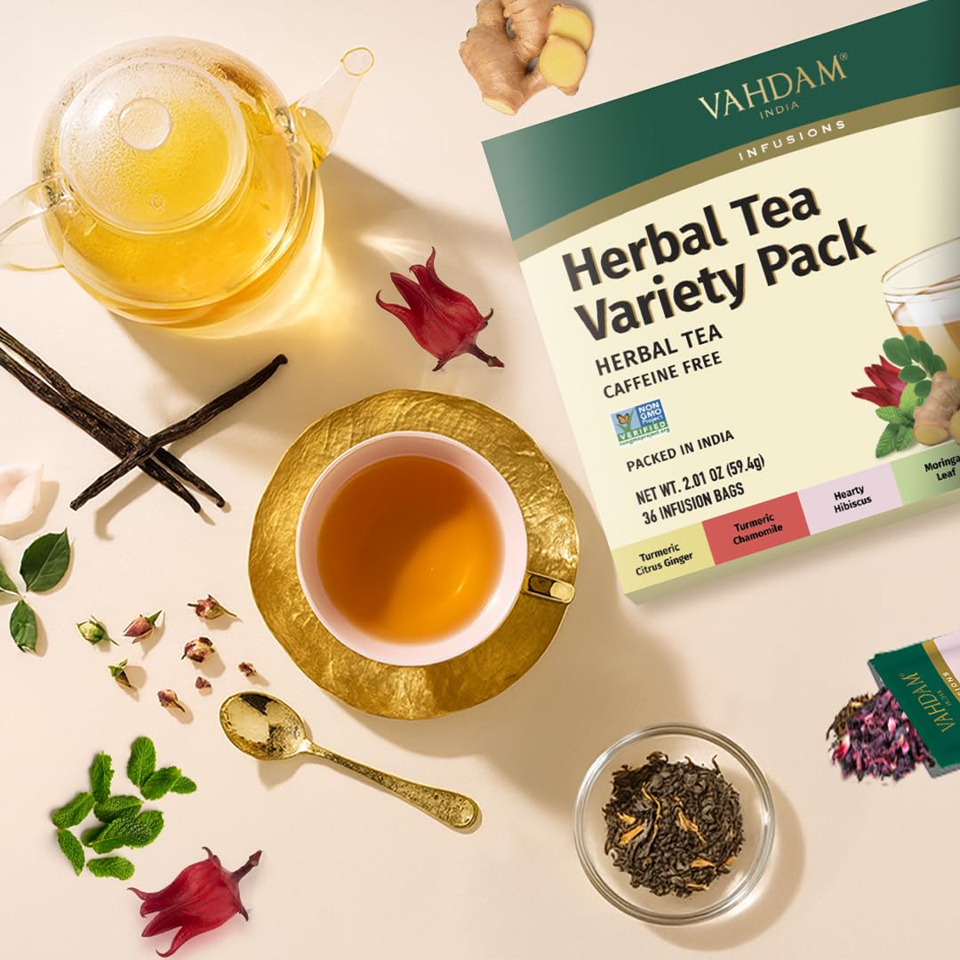 VAHDAM, Assorted Herbal Tea Gift Set (36 Tea Bags, 6 Flavors) Caffeine-Free, Non-GMO | Double Infusion, Individually Enveloped Tea Bags | Herbal Tea variety Pack | Tea Gifts for Women & Men