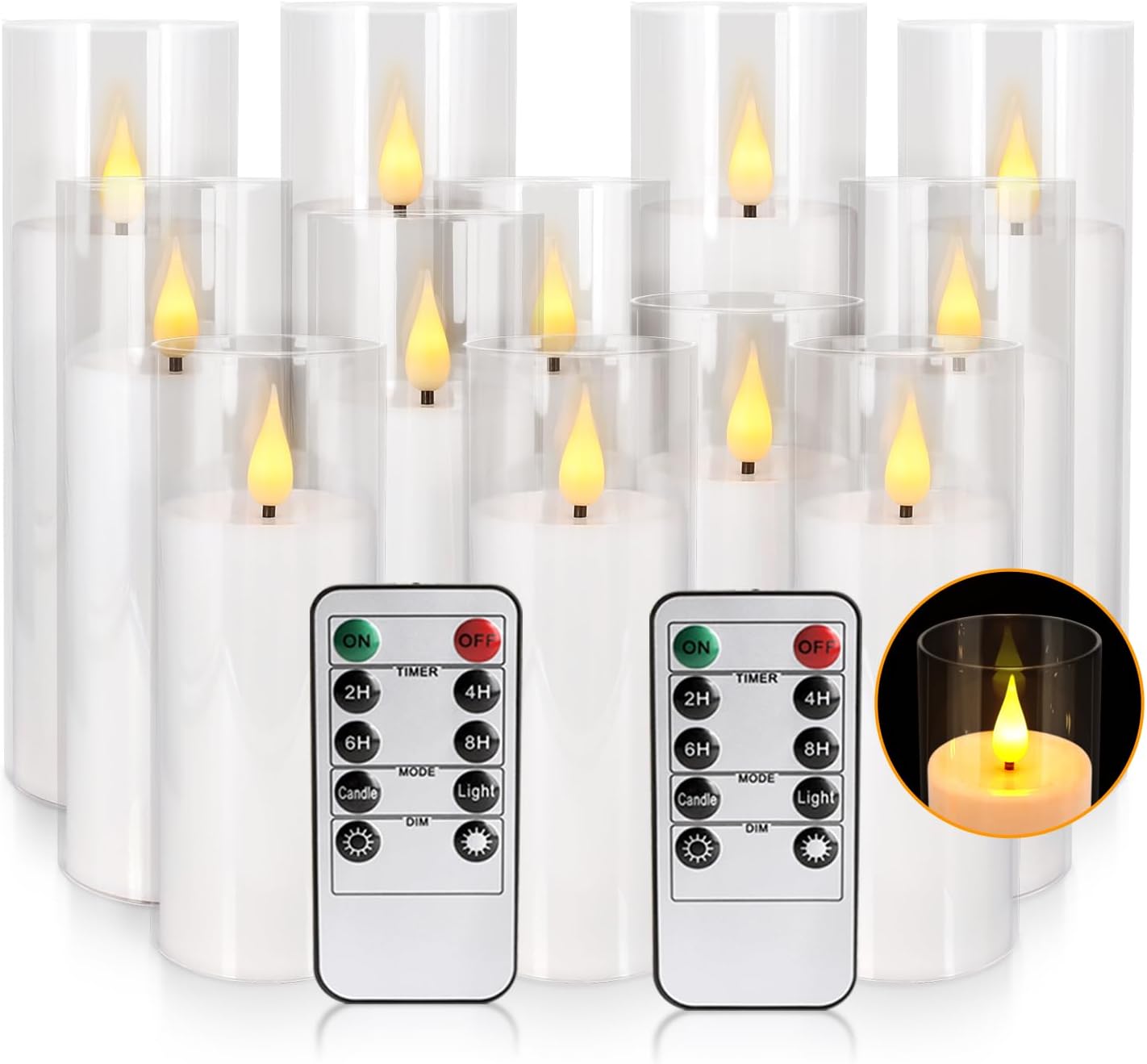24 Pcs LED Flameless Candles with Remote, 3D Flickering Flame & LED String Lights, Acrylic Clear Cylinder, Timer Function, Romantic Ambience for Home Decor, Party, Wedding (Ivory).