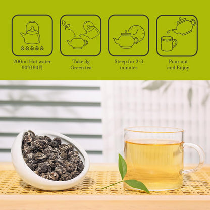LWXLJMJZC Jasmine Dragon Pearls Green Tea, Hand-Rolled Loose Leaf, 3.53oz