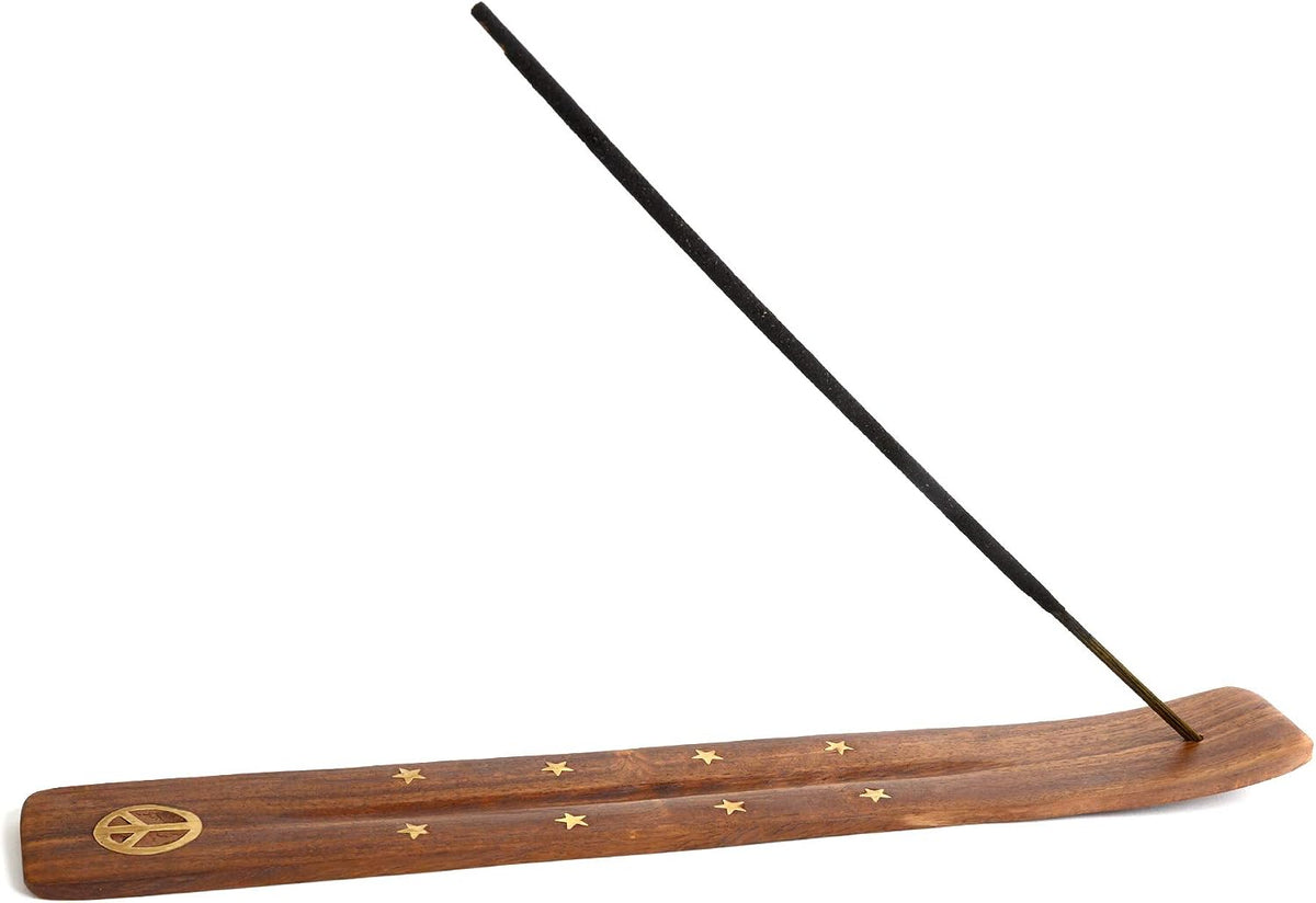 Wooden Incense Holder for Sticks with Inlays of Brass Crescent Moon 10 inches Long