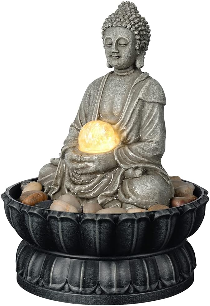 Kalona Indoor Tabletop Water Fountain – 3-Tier Resin Waterfall with LED Lights, Mini Bonsai Planter & Cascading Water Flow – Soothing Desk Fountain for Home, Office, Meditation Decor(22024)