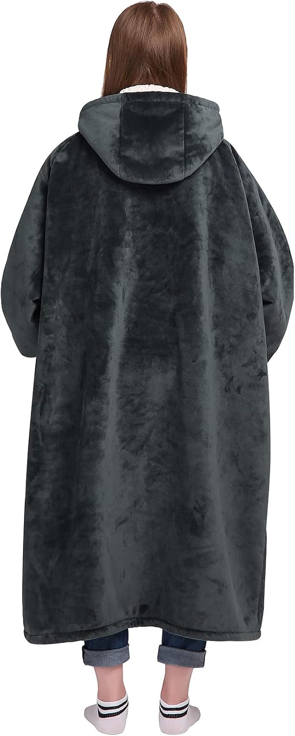 Waitu Wearable Blanket Sweatshirt Gifts for Women and Men, Warm and Cozy Giant Blanket Hoodie, Thick Flannel Blanket with Sleeves and Giant Pocket - Dark Gray