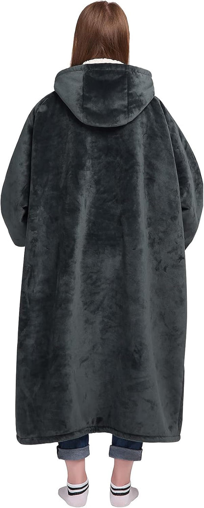 Waitu Wearable Blanket Sweatshirt Gifts for Women and Men, Warm and Cozy Giant Blanket Hoodie, Thick Flannel Blanket with Sleeves and Giant Pocket - Dark Gray