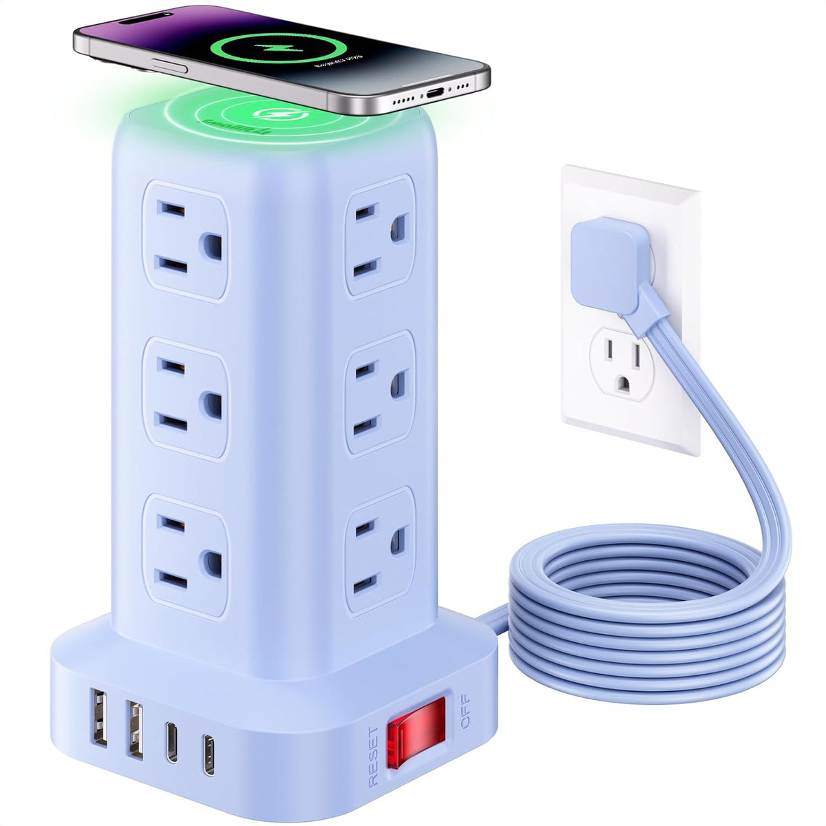 Extension Cord with Multiple Outlets, SMALLRT Power Strip Tower, Outlet Extender with 12 AC Outlets 4 USB, 6.5FT Extension Cord for Home Dorm Room, Office Supplies,Overload Protection
