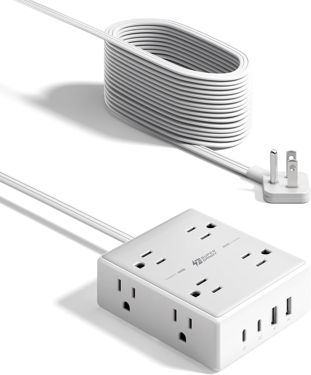 SUPERDANNY Extension Cord,Flat Plug Surge Protector Power Strip,10Ft