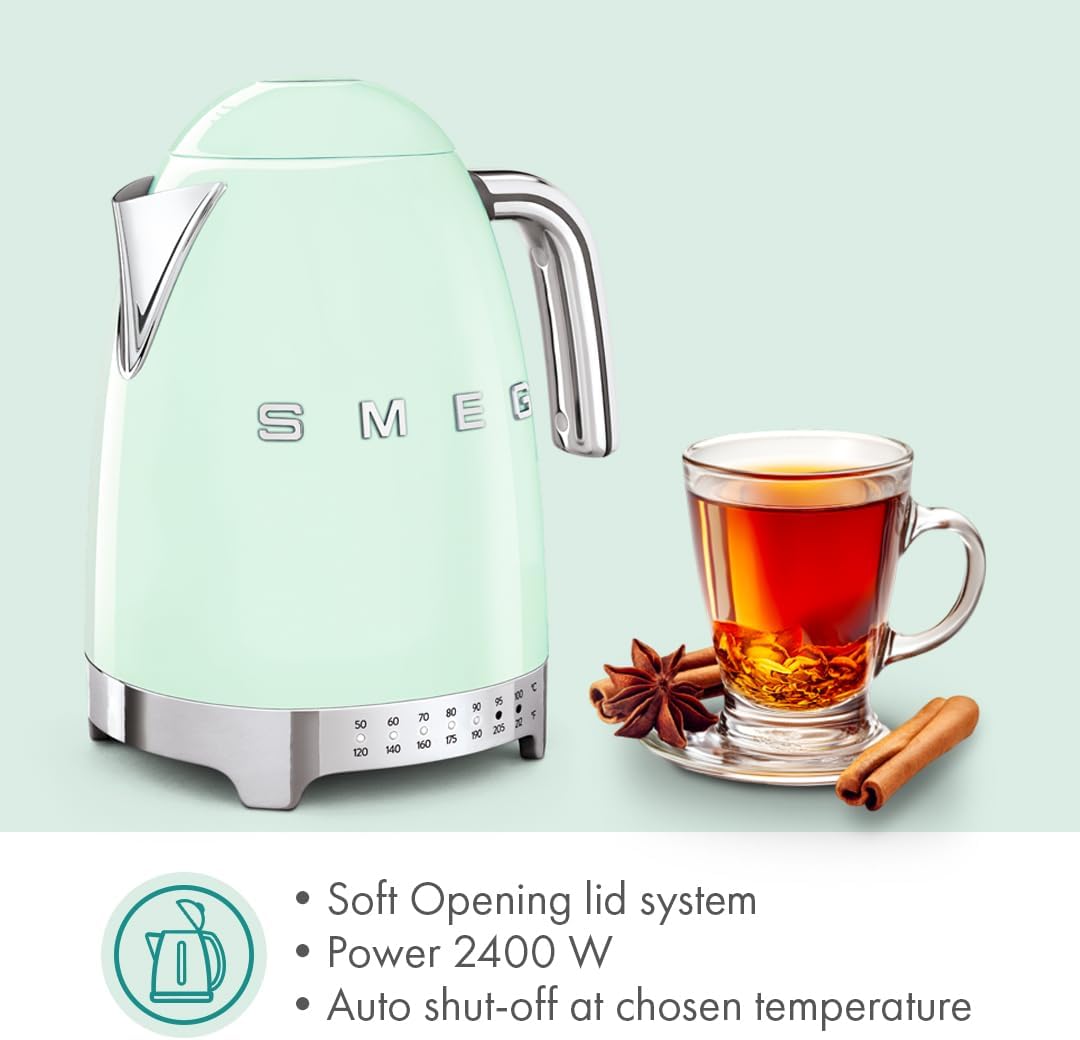 SMEG Variable Temperature Electric Kettle 1.7L (7 Cup), Stainless Steel Tea & Coffee Kettle, Fast Boil, Adjustable Temp 122°F–212°F, Keep Warm, Auto Shut-Off, 360° Base, Retro Style-Black