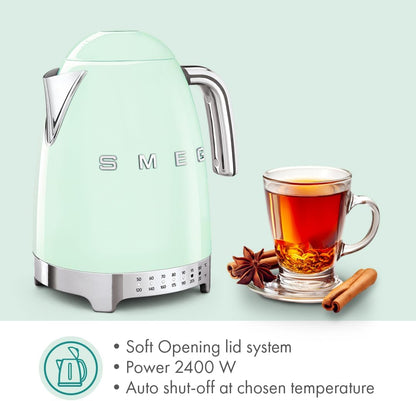 SMEG Variable Temperature Electric Kettle 1.7L (7 Cup), Stainless Steel Tea & Coffee Kettle, Fast Boil, Adjustable Temp 122°F–212°F, Keep Warm, Auto Shut-Off, 360° Base, Retro Style-Black