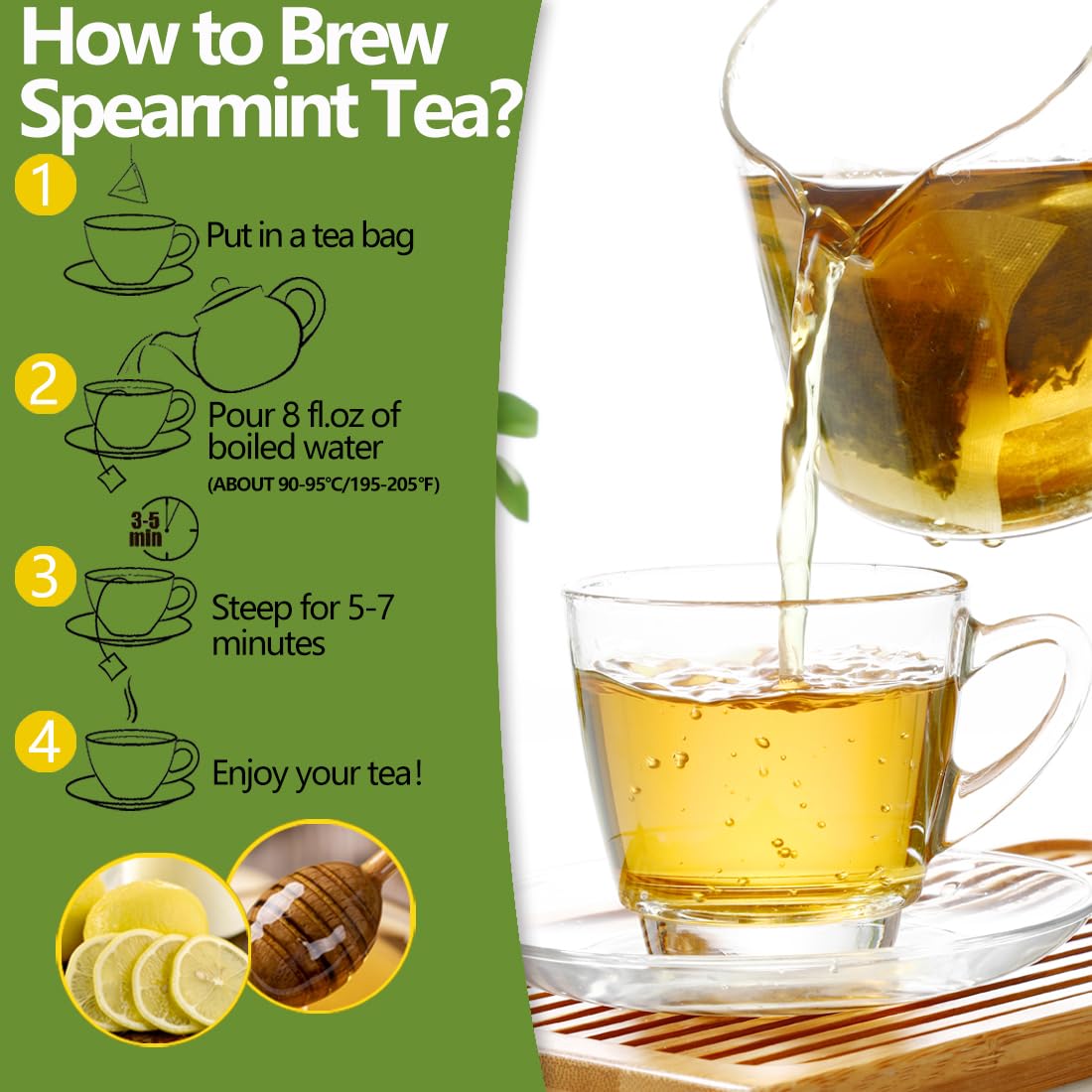 Premium 60 Spearmint Tea Bags, Made with 100% Pure Natural Spearmint Leaves, Caffeine Free & No Additives.