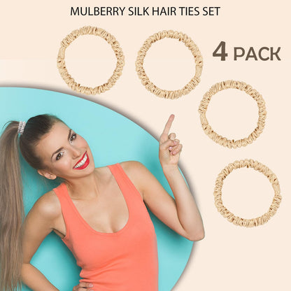 22 Momme 100% Pure Mulberry Silk Scrunchies (4 PCS) - Small Hair Elastics and Ties for Women, Sleep Hair Care, No Damage, Black