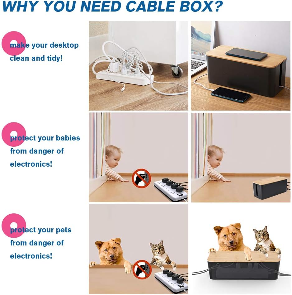 PowerKing Cable Management Boxes Organizer, Bamboo Lid, Large Storage Wires Keeper Holder for Desk, TV, Computer, USB Hub, System to Cover and Hide & Power Strips & Cords (Ice White)