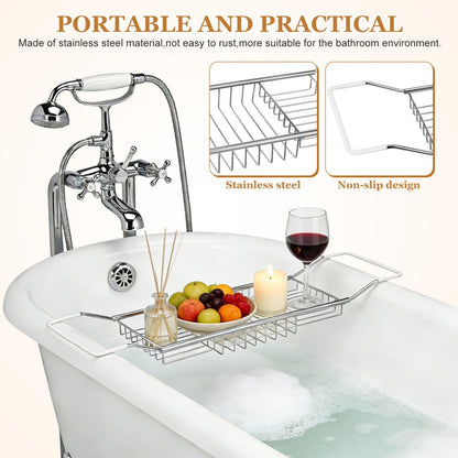 Cabilock Luxury Stainless Steel Bathtub Caddy Tray - 24.8in Expandable Modern Bath Rack for Tub with Wine Glass & Book Holder - Rustproof Shower Organizer & Tablet Stand for Home Spa, Gold