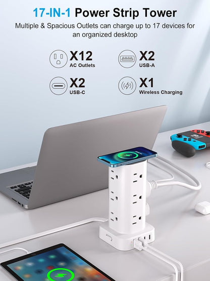 6FT Power Strip Tower Surge Protector, 12 Wide Spaced Outlets, 4 USB