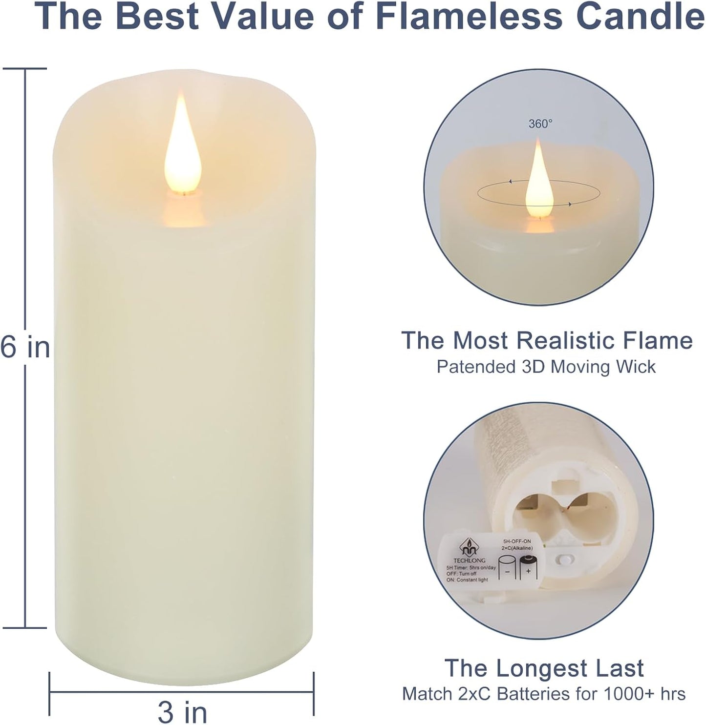 TECHLONG Flickering Flameless Candles with 3D Moving Flame, Last 1000+ Hours Battery Operated Candles with Timer, Ivory Real Wax Pillar Electric LED Candle for Wedding Christmas Party/3" x 5"