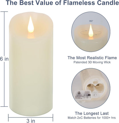 TECHLONG Flickering Flameless Candles with 3D Moving Flame, Last 1000+ Hours Battery Operated Candles with Timer, Ivory Real Wax Pillar Electric LED Candle for Wedding Christmas Party/3" x 5"