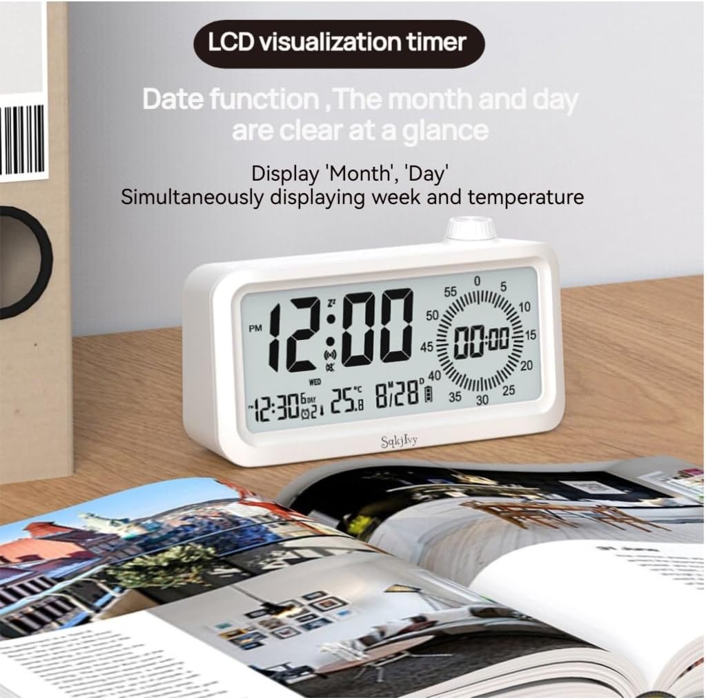 Visual Digital Timer for Kids with LCD Display,3-Level Adjustable Backlight,Temperature Date,Silent Operation,3 Alarms, Snooze,Type-C Charging for Kids Studying/Office/Sleeping/Kitchen(White)