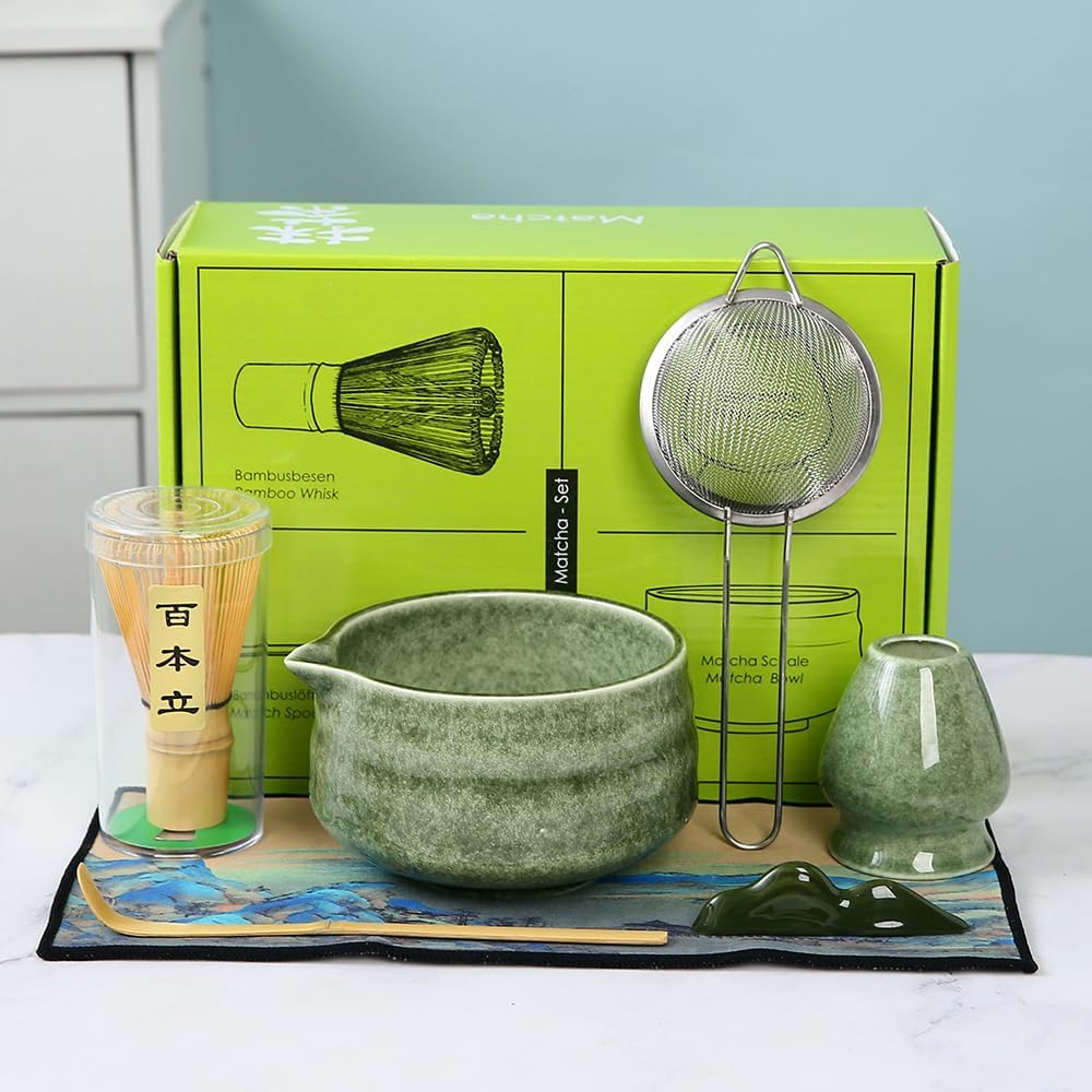 7pcs matcha whisk set - Matcha Bowl with Spout, 1 Matcha Whisk ，green matcha kit