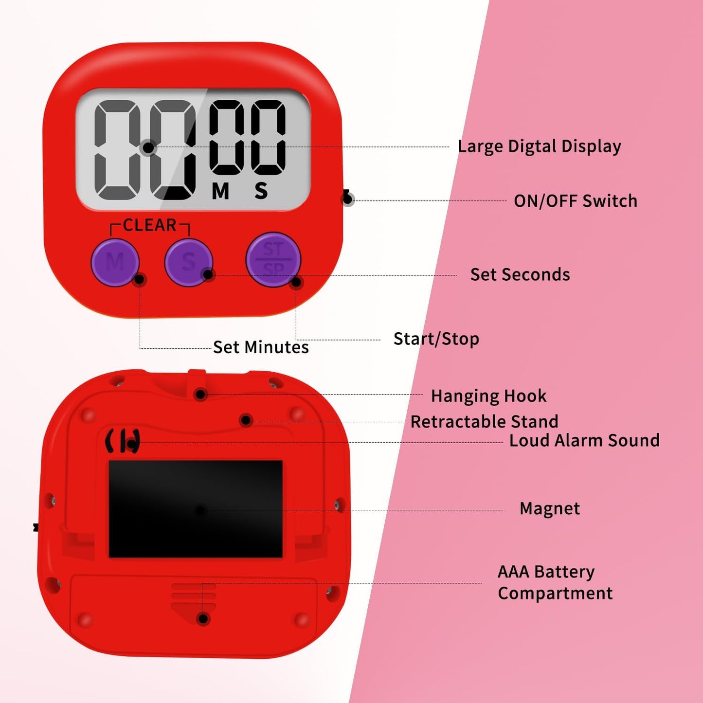 6 Pack Small Digital Kitchen Timer Magnetic Back and ON/Off Switch,Minute Second Count Up Countdown (Multicolored)