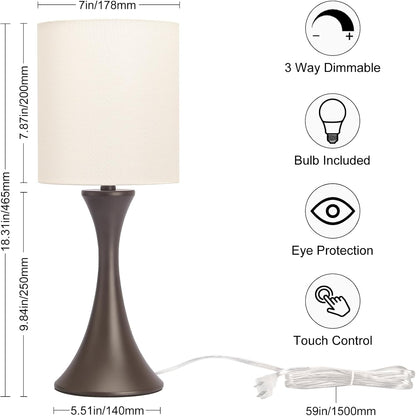 3 Way Touch Control Table Lamp, Dimmable Bedside Desk Lamp with Metal Base Modern Nightstand Lamp Stylish Grey Shade Simple Side Table Lamp for Bedroom, Living Room, Office or Den LED Bulb Included