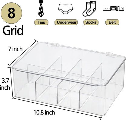 ZEXALOR Clear Tea Bag Organizer, Dresser Organizers Drawer Organzier Storage Container with Removable Dividers, Plastic Storage Bin with Lid, Organizer for Scarves Ties Bras