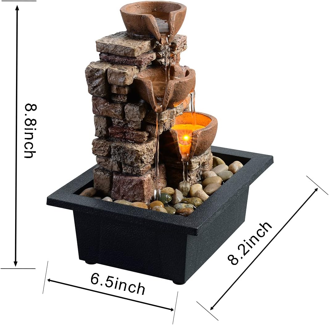 Haobos Indoor Tabletop Fountain 3-Tier Rockery Relaxation, Soothing Sound Home/Office/Bed Room Decor,Gifts for Mom/Grandma Relaxing Waterfall Meditation Tabletop Fountain LED Lights