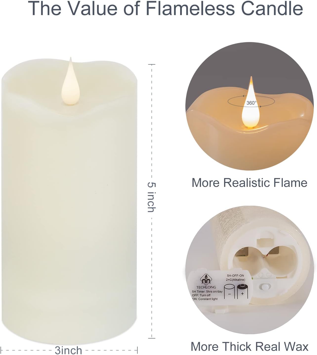 TECHLONG Flickering Flameless Candles with 3D Moving Flame, Last 1000+ Hours Battery Operated Candles with Timer, Ivory Real Wax Pillar Electric LED Candle for Wedding Christmas Party/3" x 5"