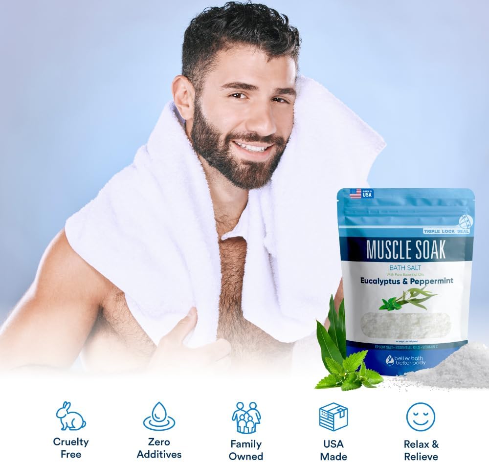 Muscle Bath Soak 32 oz Epsom Salt Peppermint, Eucalyptus Essential Oils