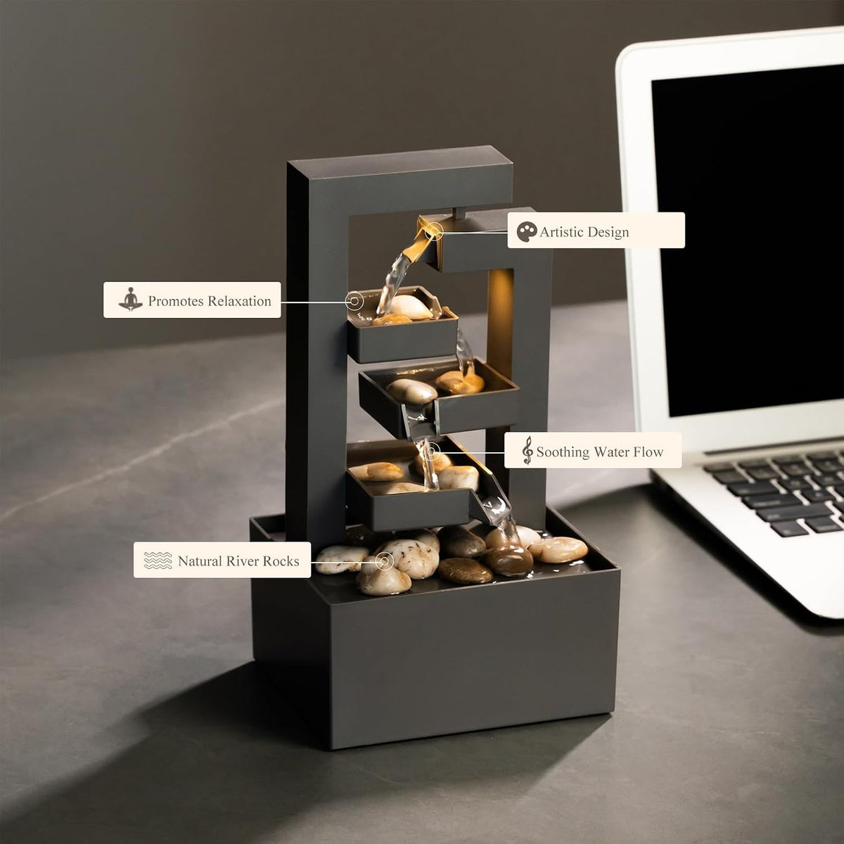 Desktop Waterfall Fountain Small- 9.65" Relaxation Tabletop Fountain with Soothing Sound for Office & Home Decor - Desktop Water Fountain Feature with Natural Stones