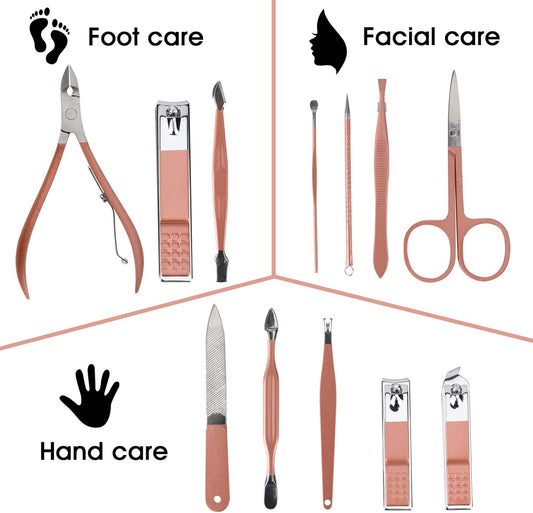Nail Clippers & Beauty Tool Portable Set, Rose Gold Manicure Set, 12 in 1. | Martensitic Stainless Steel, Pink Leather Bag, Suitable for Home, Workplace, Outdoor Travel, Gift Giving, Salon.