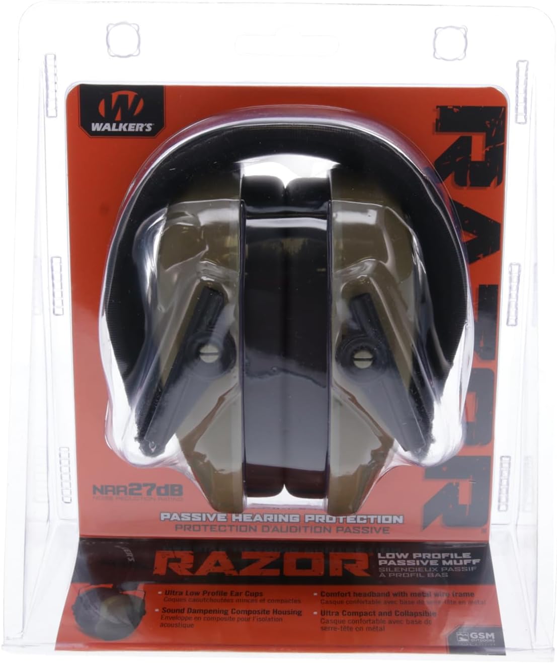 Walker's Razor Slim Passive Earmuffs Ultra Low Profile 27dB NRR Light Weight