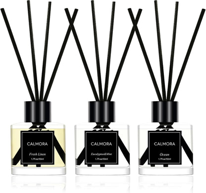 CALMORA Reed Diffuser Set of 3, 50ml Fresh Linen/Eucalyptus & Mint/Ocean Scented Oil Diffuser with 15 Sticks | Home Fragrance for Bedroom, Bathroom, Office & Living Room