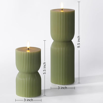 White Ribbed Flameless Pillar Candles with Remote, Real Wax Flickering Battery LED Candles Set of 2