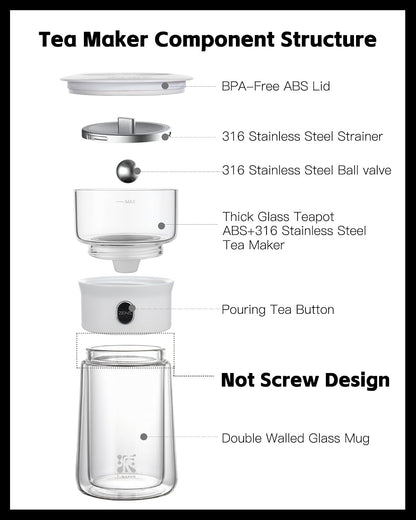 ZENS Modern Glass Infuser Teapot, One Touch Tea Maker for Loose Leaf Tea with Insulated Mug and Portable Case. Enchanted Pot Alternatives for Tea Lover Gifts